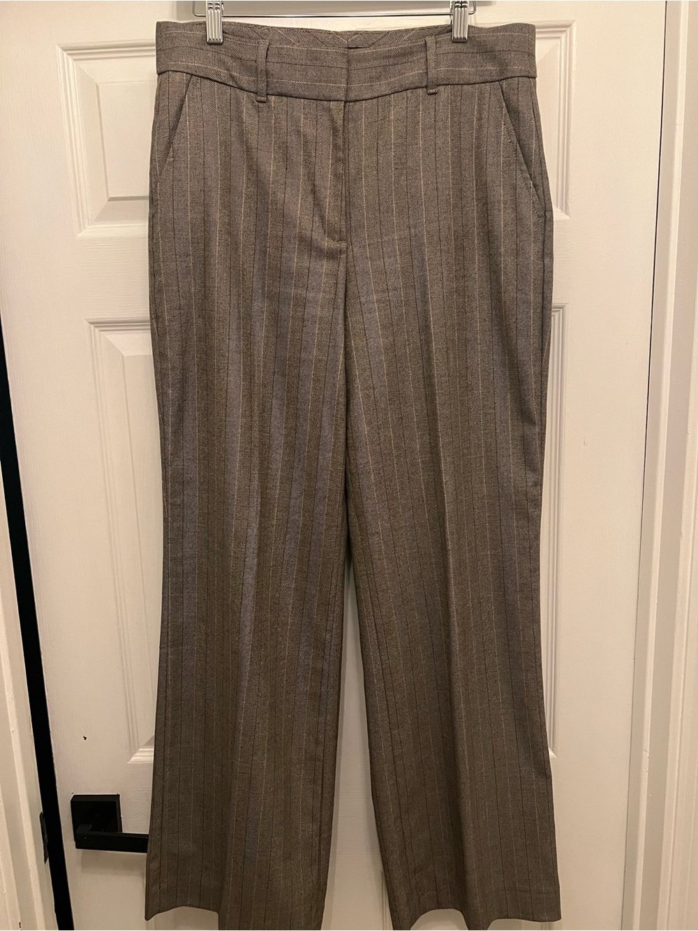 White House Black Market Taupe and Maroon Pinstripe Wide-Leg Trousers